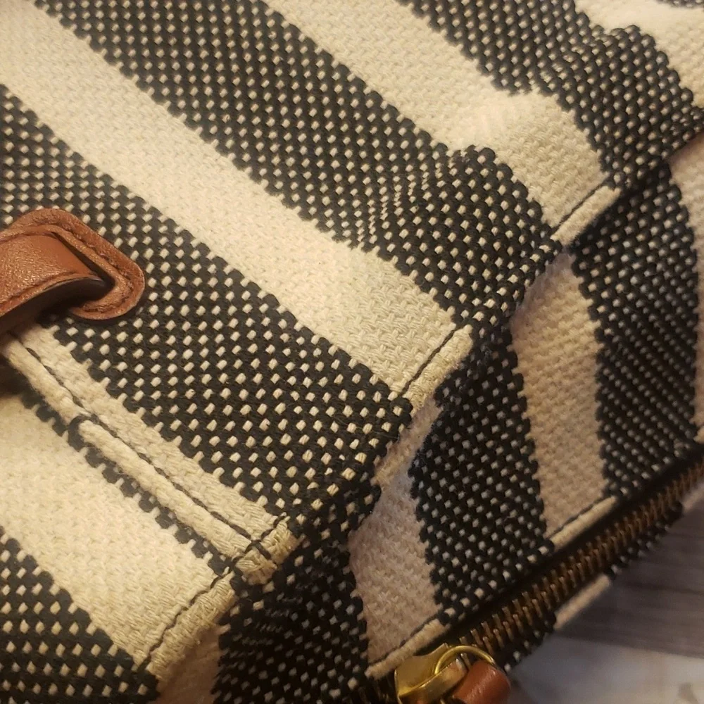 Fossil striped gray and cream canvas satchel bag